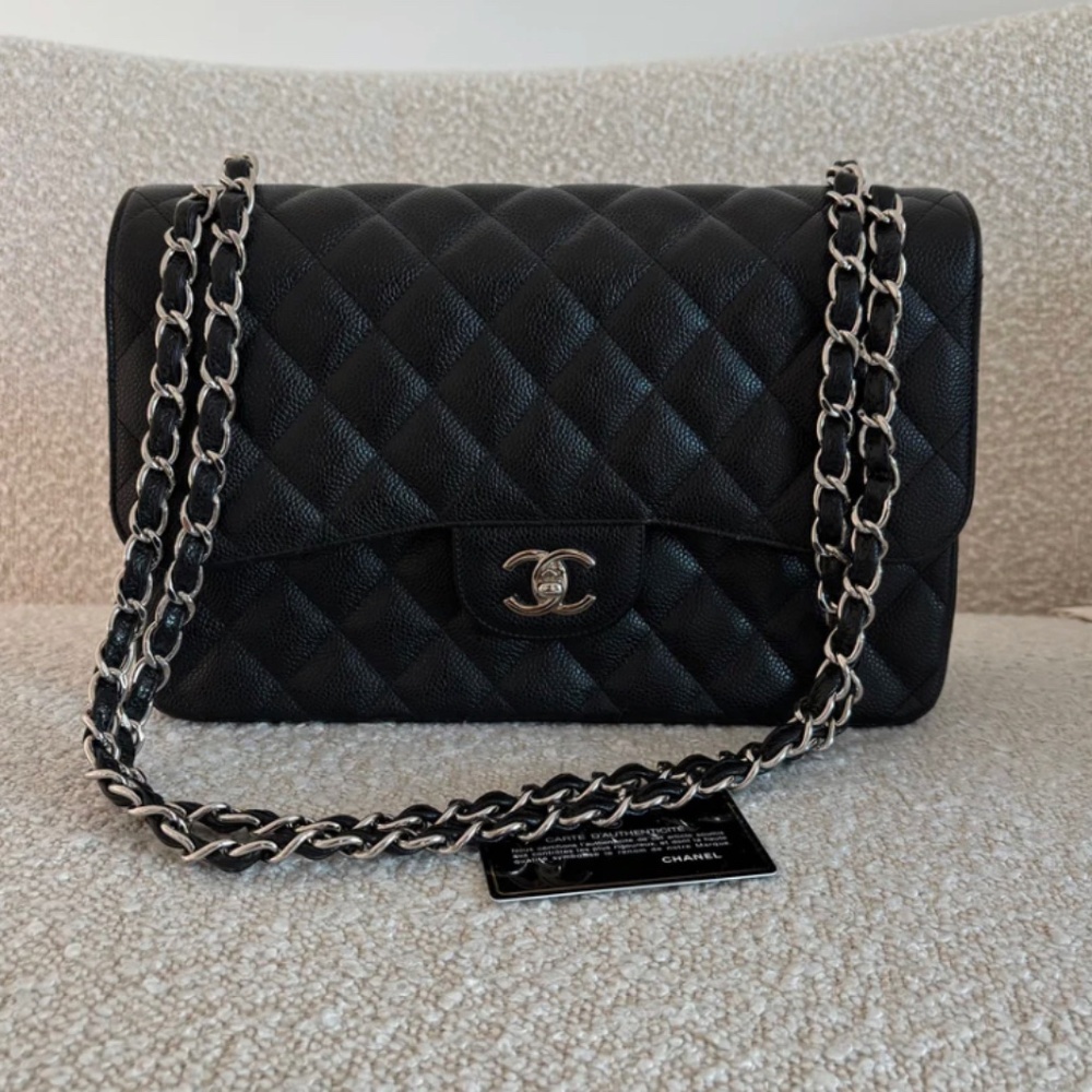 Authentic Chanel Classic Flap Jumbo Black Caviar SilverTone Hardware